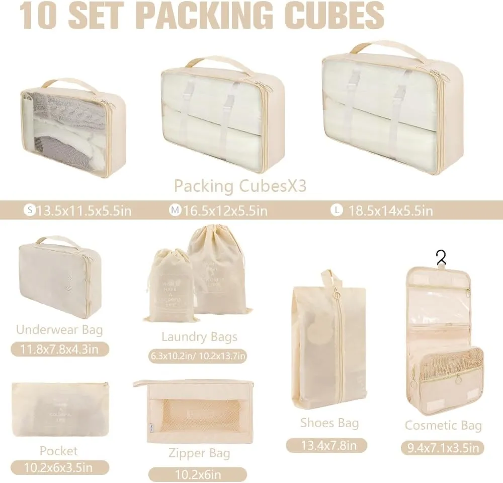 10 Set Packing Cubes for Travel, Lightweight Suitcase Luggage Organizer Bags, Travel Essentials Packing Organizers for Luggage, Packing Cubes for Carry On Suitcase in 4 Sizes with Shoe Bag, White