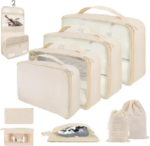 10 Set Packing Cubes for Travel, Lightweight Suitcase Luggage Organizer Bags, Travel Essentials Packing Organizers for Luggage, Packing Cubes for Carry On Suitcase in 4 Sizes with Shoe Bag, White