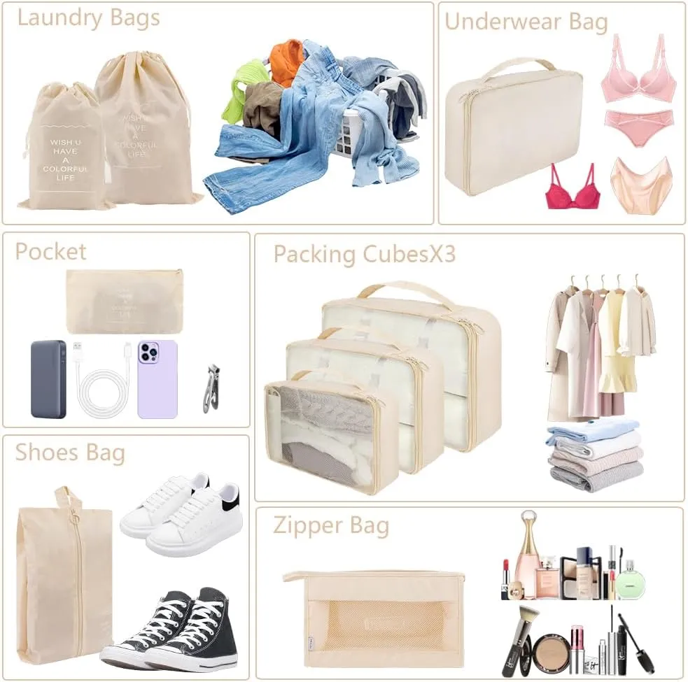 10 Set Packing Cubes for Travel, Lightweight Suitcase Luggage Organizer Bags, Travel Essentials Packing Organizers for Luggage, Packing Cubes for Carry On Suitcase in 4 Sizes with Shoe Bag, White