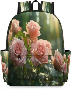 15.1 Inch Casual Backpack Pinks Roses Small Backpack with Multiple Pocket Waterproof Mini Bags Daypack with Chest Strap Sun Shine Travel Bag