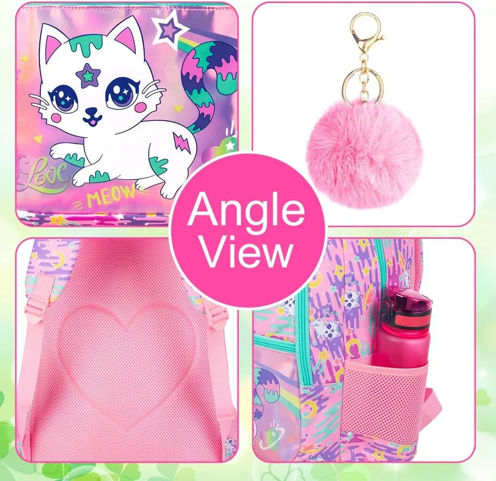 16.5" Cat Backpack for Girls, 3Pcs Kids Backpacks Set for Elementary Preschool Kindergarten, School Bookbag with Lunch Box(Pink)