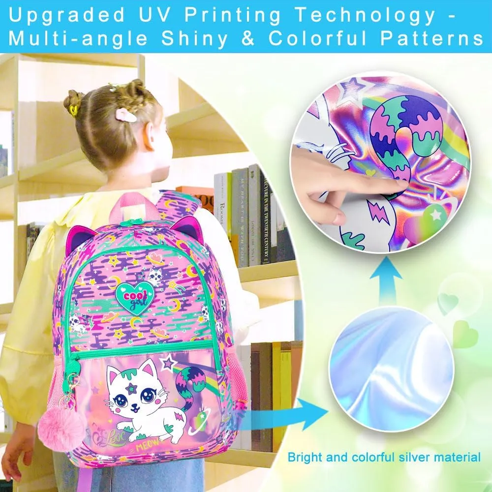 16.5" Cat Backpack for Girls, 3Pcs Kids Backpacks Set for Elementary Preschool Kindergarten, School Bookbag with Lunch Box(Pink)