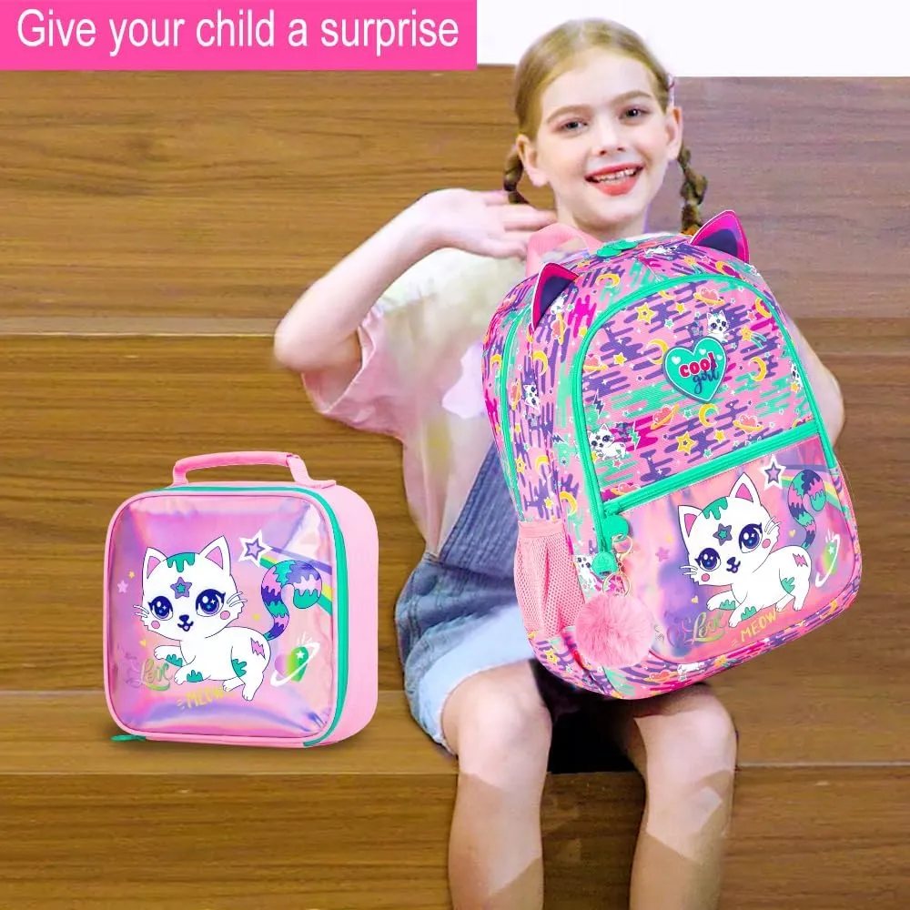 16.5" Cat Backpack for Girls, 3Pcs Kids Backpacks Set for Elementary Preschool Kindergarten, School Bookbag with Lunch Box(Pink)
