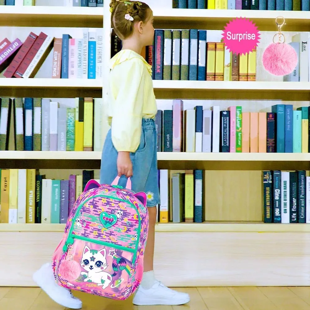 16.5" Cat Backpack for Girls, 3Pcs Kids Backpacks Set for Elementary Preschool Kindergarten, School Bookbag with Lunch Box(Pink)