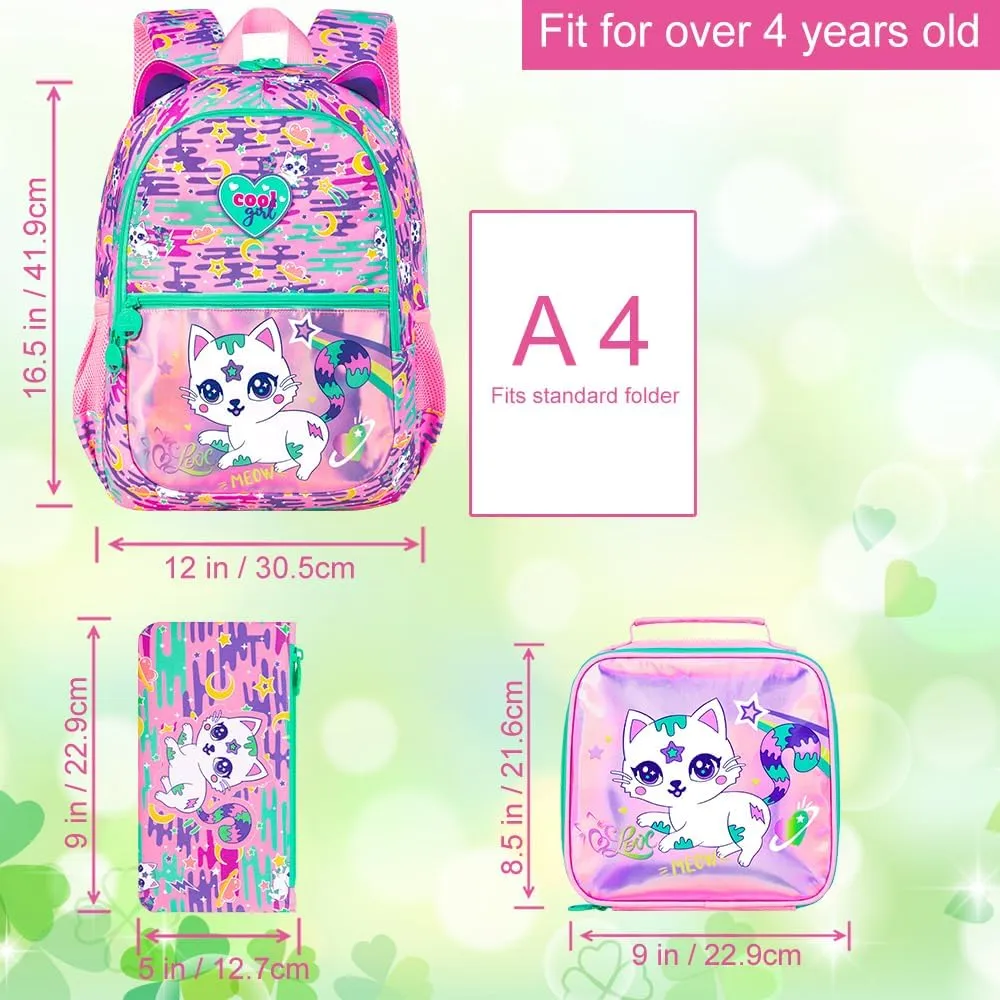 16.5" Cat Backpack for Girls, 3Pcs Kids Backpacks Set for Elementary Preschool Kindergarten, School Bookbag with Lunch Box(Pink)