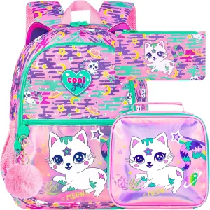 16.5" Cat Backpack for Girls, 3Pcs Kids Backpacks Set for Elementary Preschool Kindergarten, School Bookbag with Lunch Box(Pink)