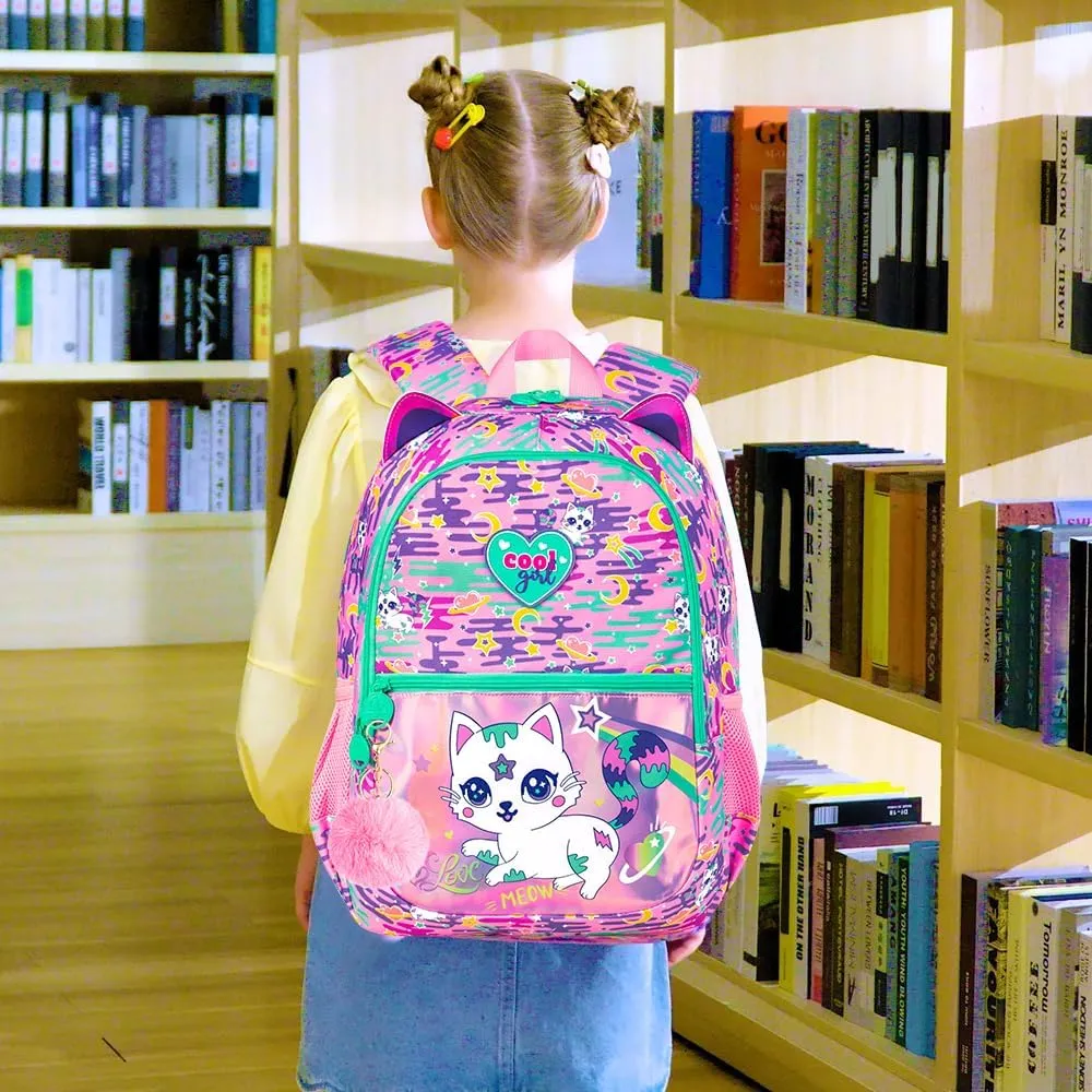 16.5" Cat Backpack for Girls, 3Pcs Kids Backpacks Set for Elementary Preschool Kindergarten, School Bookbag with Lunch Box(Pink)