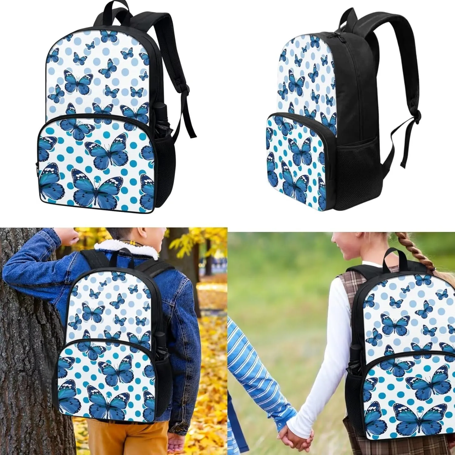 17-inch Butterfly Backpacks for Kids Girls Shoulders Bag Daypack Travel Lunch Box Pencil Case 3 In 1 Lightweight & Comfortable