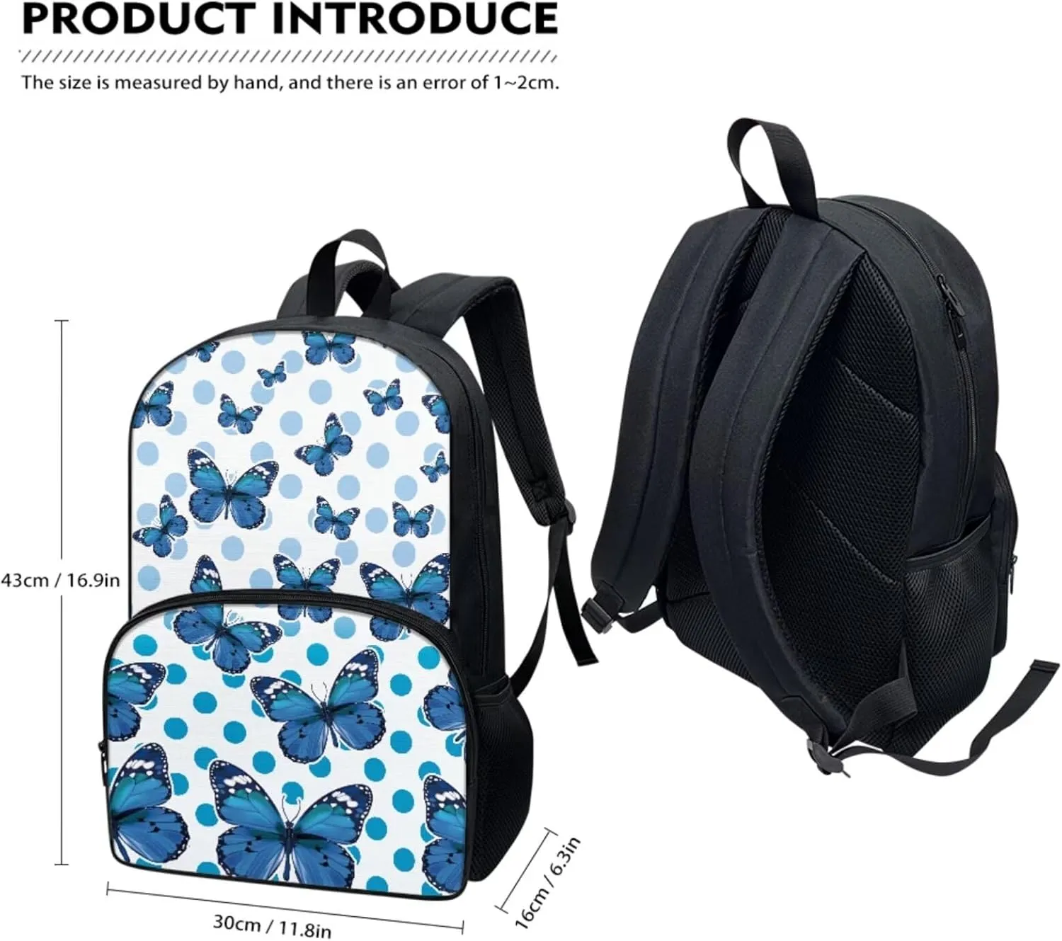 17-inch Butterfly Backpacks for Kids Girls Shoulders Bag Daypack Travel Lunch Box Pencil Case 3 In 1 Lightweight & Comfortable