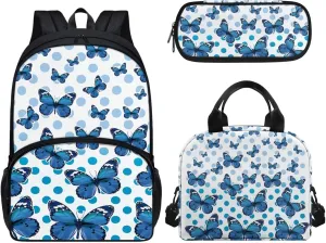 17-inch Butterfly Backpacks for Kids Girls Shoulders Bag Daypack Travel Lunch Box Pencil Case 3 In 1 Lightweight & Comfortable