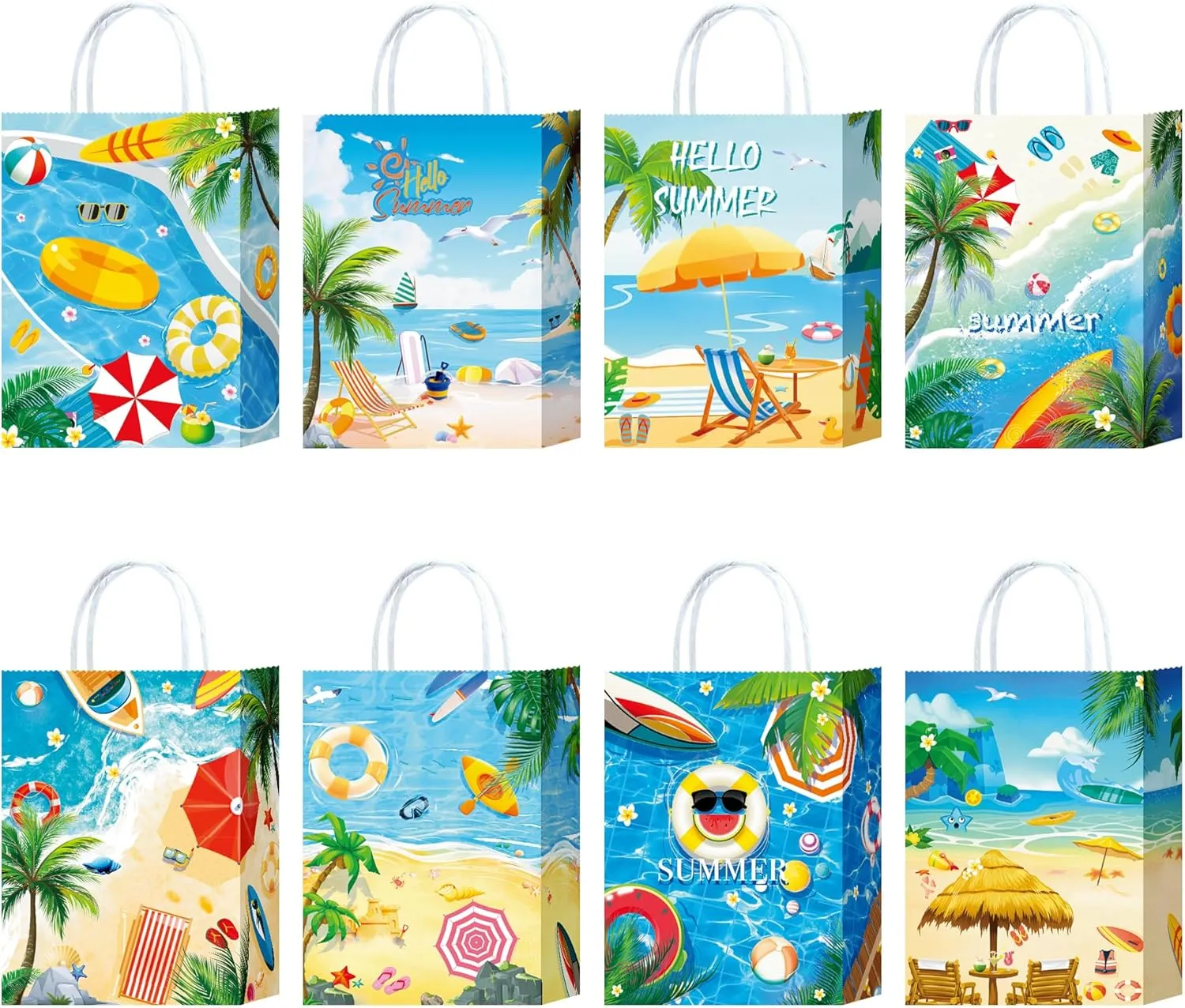 24 Pieces Summer Beach Paper Bags Pool Party Decoration Supplies Hawaiian Luau Summer Party Favors Candy Bags with Handles Summer Holiday Decoration Supplies