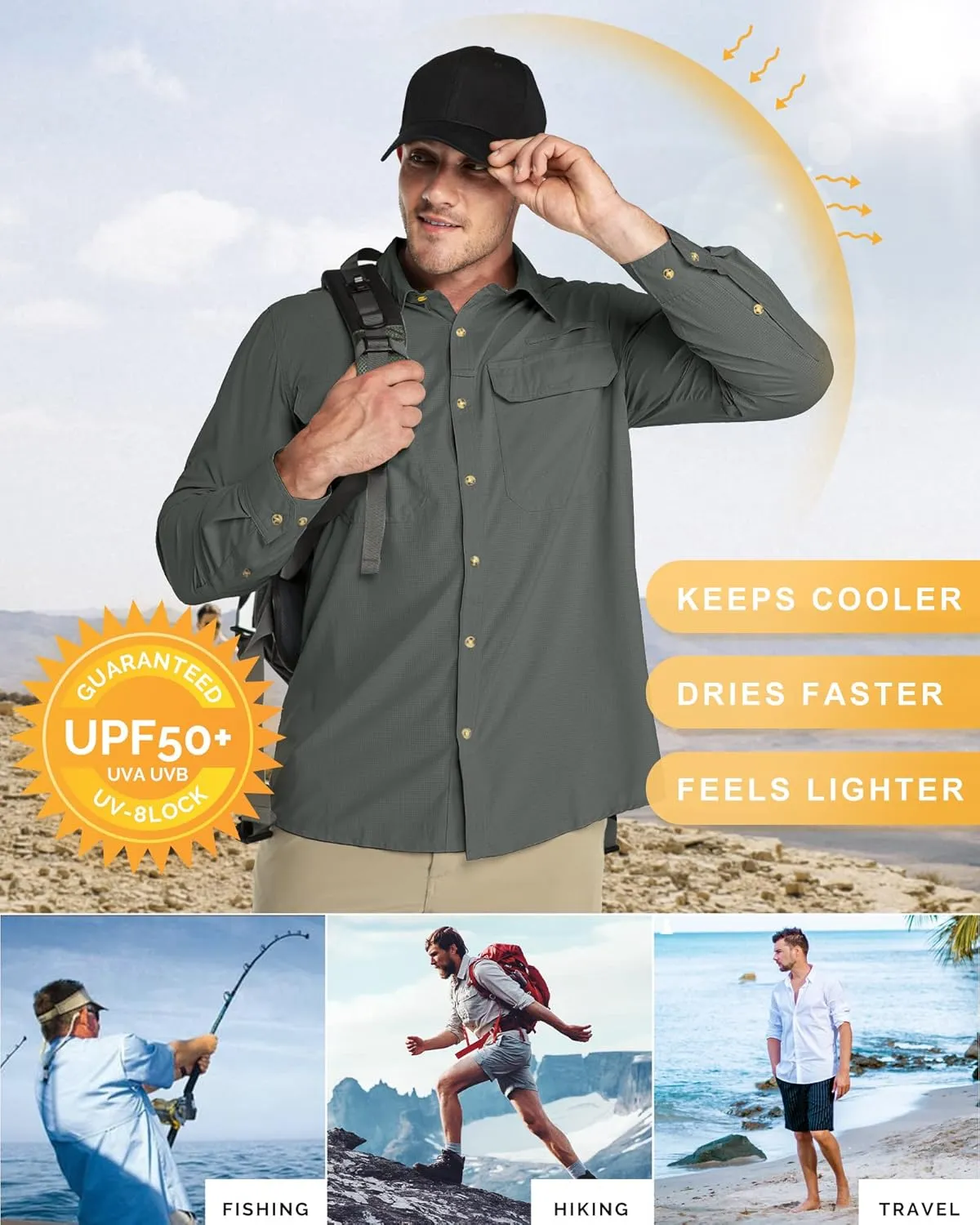 33,000ft Men's Long Sleeve Sun Protection Shirt UPF 50  UV Quick Dry Cooling Fishing Shirts for Travel Safari Camping Hiking