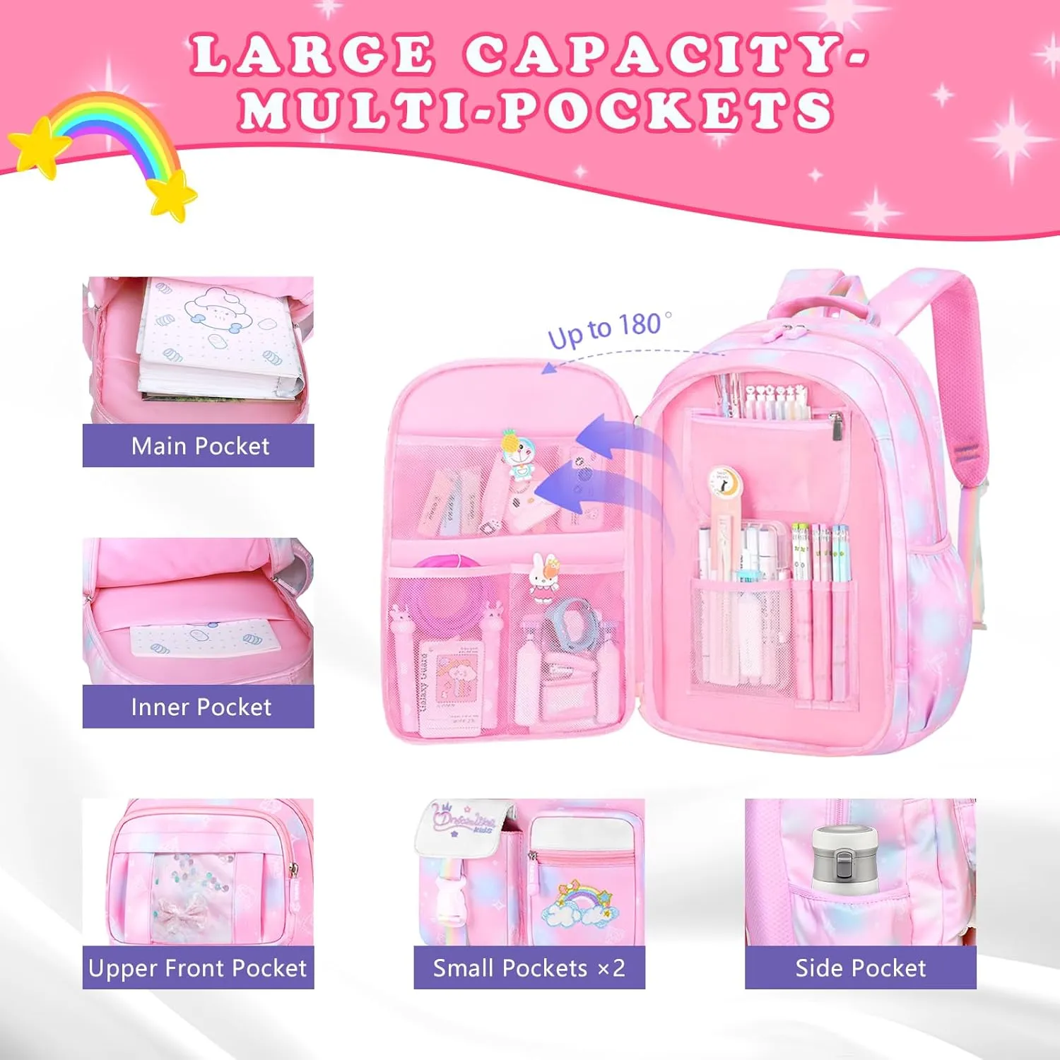 3Pcs Backpacks for Girls, Cute Rainbow School Backpack with Lunch Bag Pen Bag Set, Multi-Pockets Kids Backpack for Elementary Preschool Toddler(Pink)