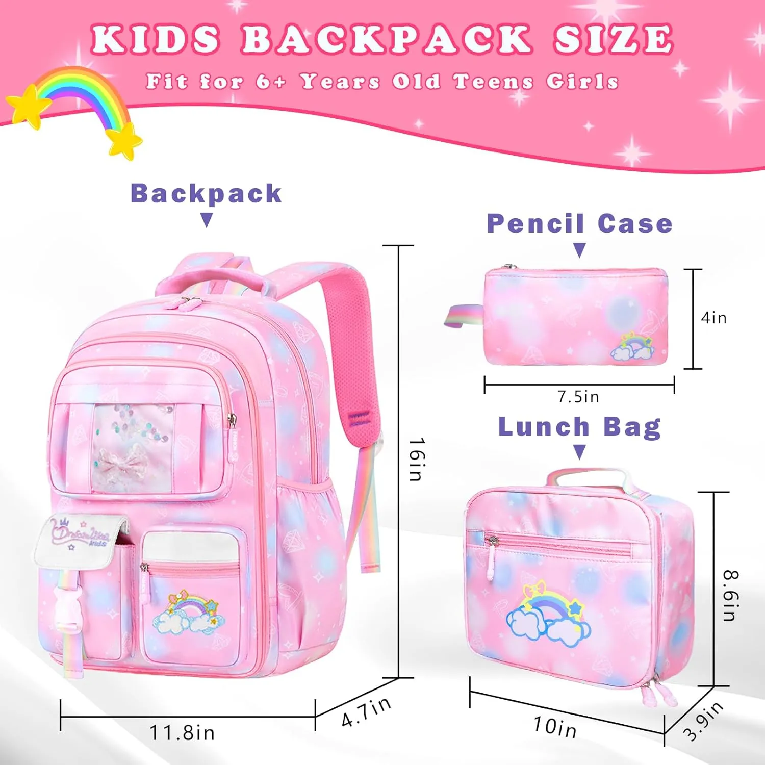 3Pcs Backpacks for Girls, Cute Rainbow School Backpack with Lunch Bag Pen Bag Set, Multi-Pockets Kids Backpack for Elementary Preschool Toddler(Pink)