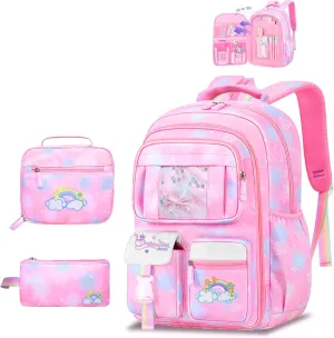 3Pcs Backpacks for Girls, Cute Rainbow School Backpack with Lunch Bag Pen Bag Set, Multi-Pockets Kids Backpack for Elementary Preschool Toddler(Pink)