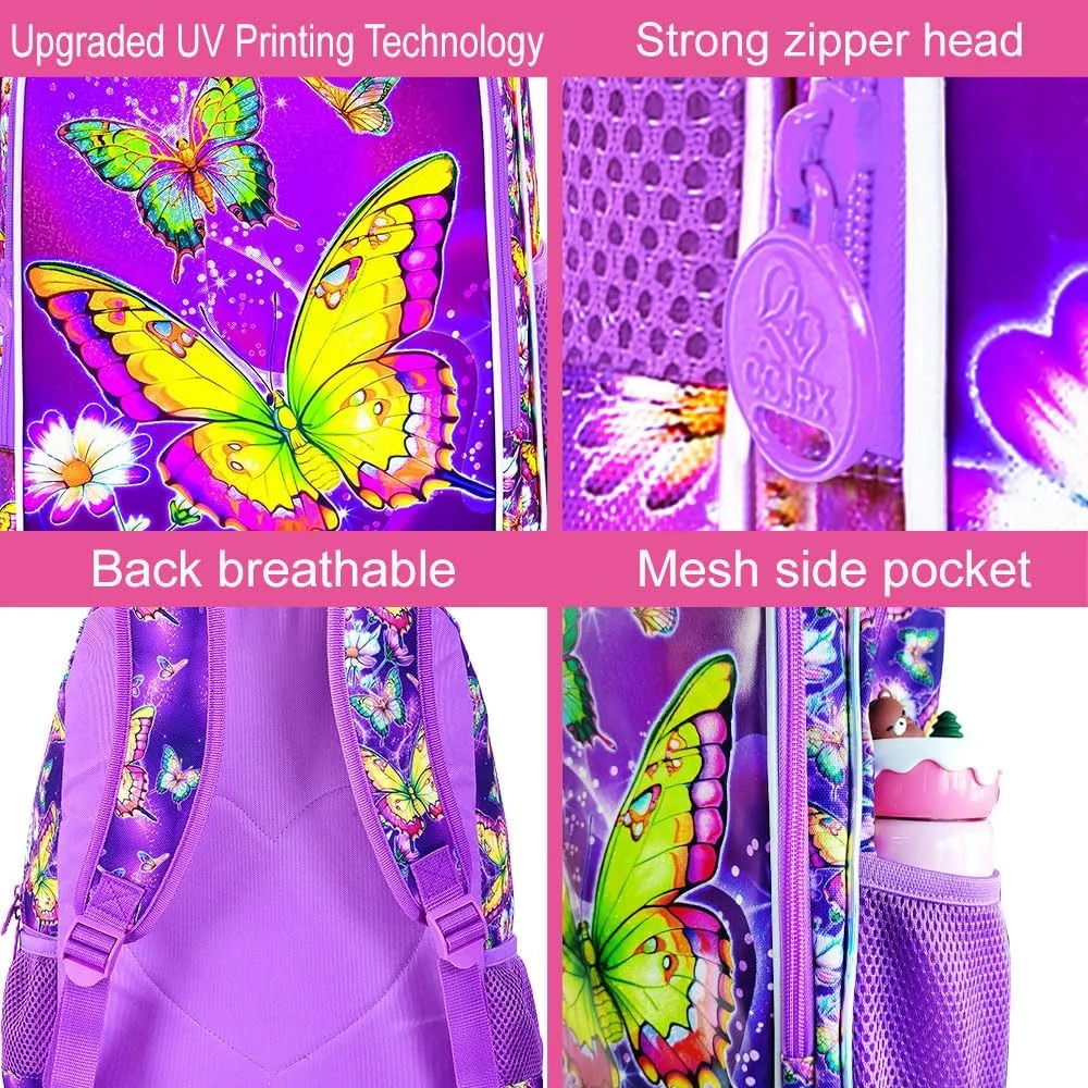 3Pcs Butterfly Backpack for Girls, 16" Kids Bookbag with Lunch Box，School Backpacks for Elementary Preschool Kindergarten (Purple)