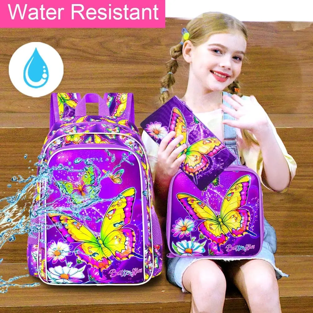 3Pcs Butterfly Backpack for Girls, 16" Kids Bookbag with Lunch Box，School Backpacks for Elementary Preschool Kindergarten (Purple)