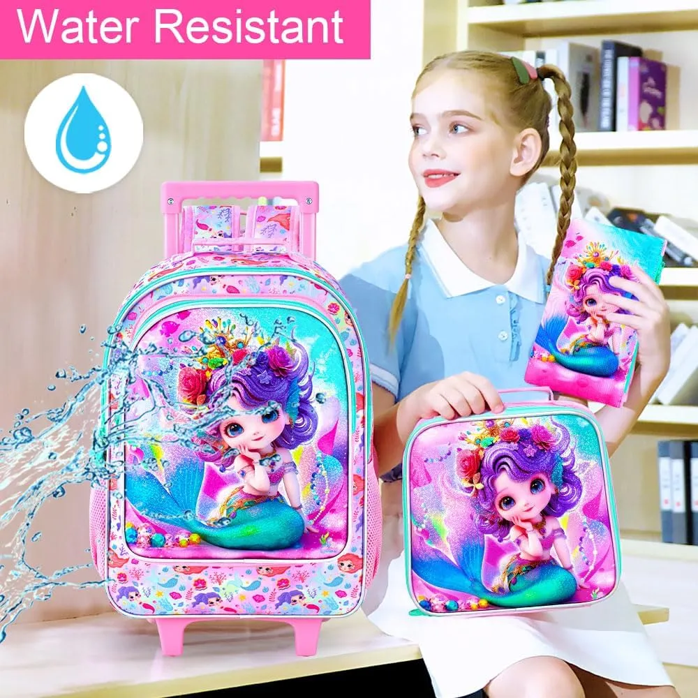 3Pcs Rolling Backpack for Girls, Kids Roller School Backpack with Wheels, Mermaid Wheeled Bookbag for Elementary Preschool Kindergarten(Pink)