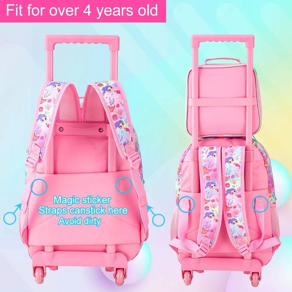 3Pcs Rolling Backpack for Girls, Kids Roller School Backpack with Wheels, Mermaid Wheeled Bookbag for Elementary Preschool Kindergarten(Pink)