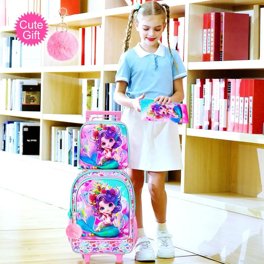 3Pcs Rolling Backpack for Girls, Kids Roller School Backpack with Wheels, Mermaid Wheeled Bookbag for Elementary Preschool Kindergarten(Pink)