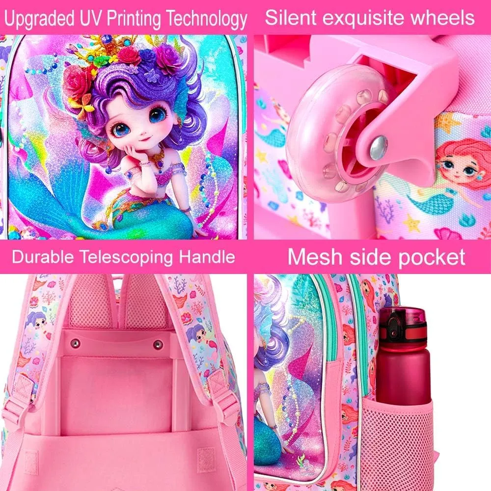 3Pcs Rolling Backpack for Girls, Kids Roller School Backpack with Wheels, Mermaid Wheeled Bookbag for Elementary Preschool Kindergarten(Pink)