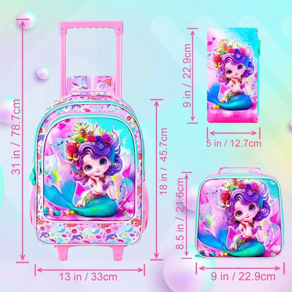 3Pcs Rolling Backpack for Girls, Kids Roller School Backpack with Wheels, Mermaid Wheeled Bookbag for Elementary Preschool Kindergarten(Pink)