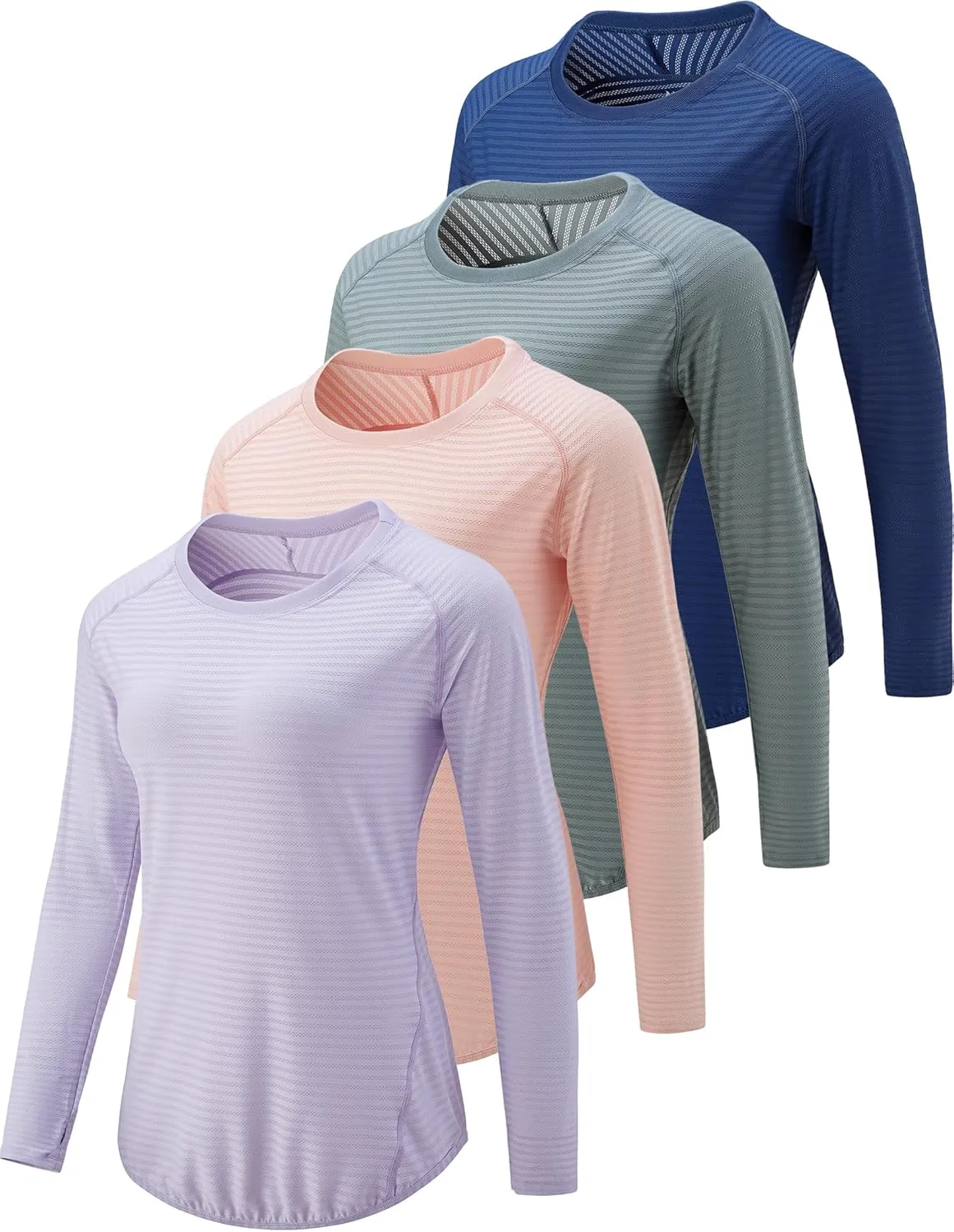 4-Pack: Womens Long Sleeve Athletic Tops with Thumb Holes – Dry Fit Active Crewneck Workout Tees