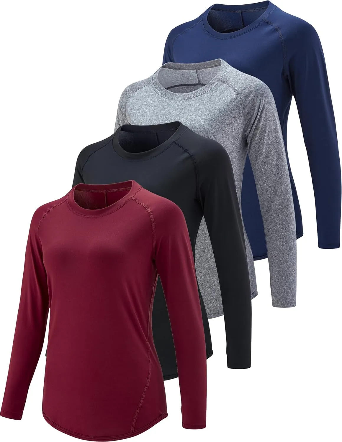 4-Pack: Womens Long Sleeve Athletic Tops with Thumb Holes – Dry Fit Active Crewneck Workout Tees