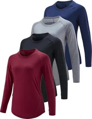 4-Pack: Womens Long Sleeve Athletic Tops with Thumb Holes – Dry Fit Active Crewneck Workout Tees