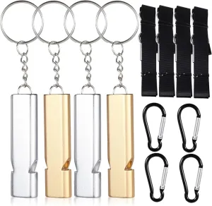 4Pcs Emergency Survival Whistle, 120dB Aluminum Safety Loud Whistle with Lanyards & Keychains, Double Tube Whistles Emergency for Hiking Camping Kayaking Boating Fishing Outdoor Rescue