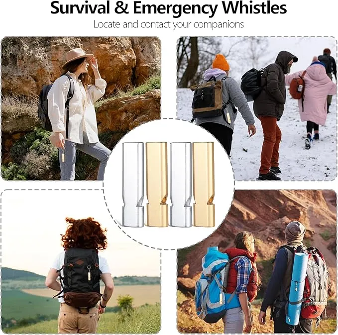 4Pcs Emergency Survival Whistle, 120dB Aluminum Safety Loud Whistle with Lanyards & Keychains, Double Tube Whistles Emergency for Hiking Camping Kayaking Boating Fishing Outdoor Rescue