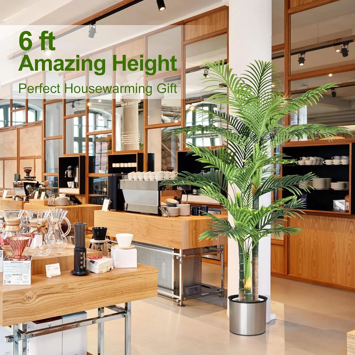 6ft Tall Triple Golden Cane Palm Artificial Tree Large Tropical Palm Tree UV Resistant Fake Plant in Pot for Indoor Outdoor Big House Living Room Outside Patio Office Home Decor (Set of 2)