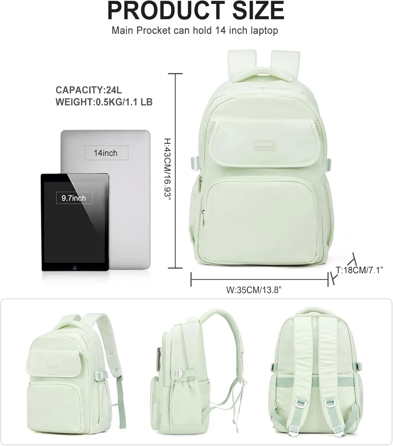 Aesthetic College Backpacks For Women Men,Waterproof High School Back pack,Kawaii Backpack For Teens Girls Boys,Student Latop Travel Backpack(Mint Green)