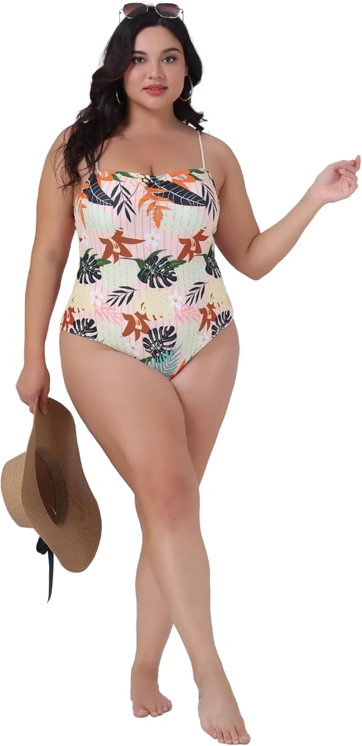 Agnes Orinda Women's Plus Size One Piece Swimsuit Floral Tropical Pattern Swimdress Bathing Suits Beach Swimwear