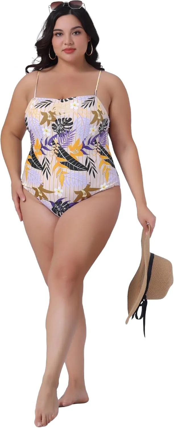 Agnes Orinda Women's Plus Size One Piece Swimsuit Floral Tropical Pattern Swimdress Bathing Suits Beach Swimwear