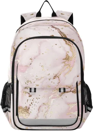 ALAZA Golden Lines on Pink Marble Laptop Backpack Purse for Women Men School Bag 17 Inch Bookbag Student Boys Girls Travel Casual Daypack