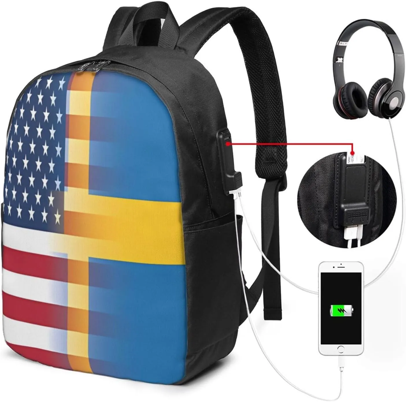 American Swedish Sweden Flag Laptop Backpacks Travel Backpack Casual Business Daypack Sport Rucksack Computer Bag Fits up to 17 Inch Notebook with USB Port