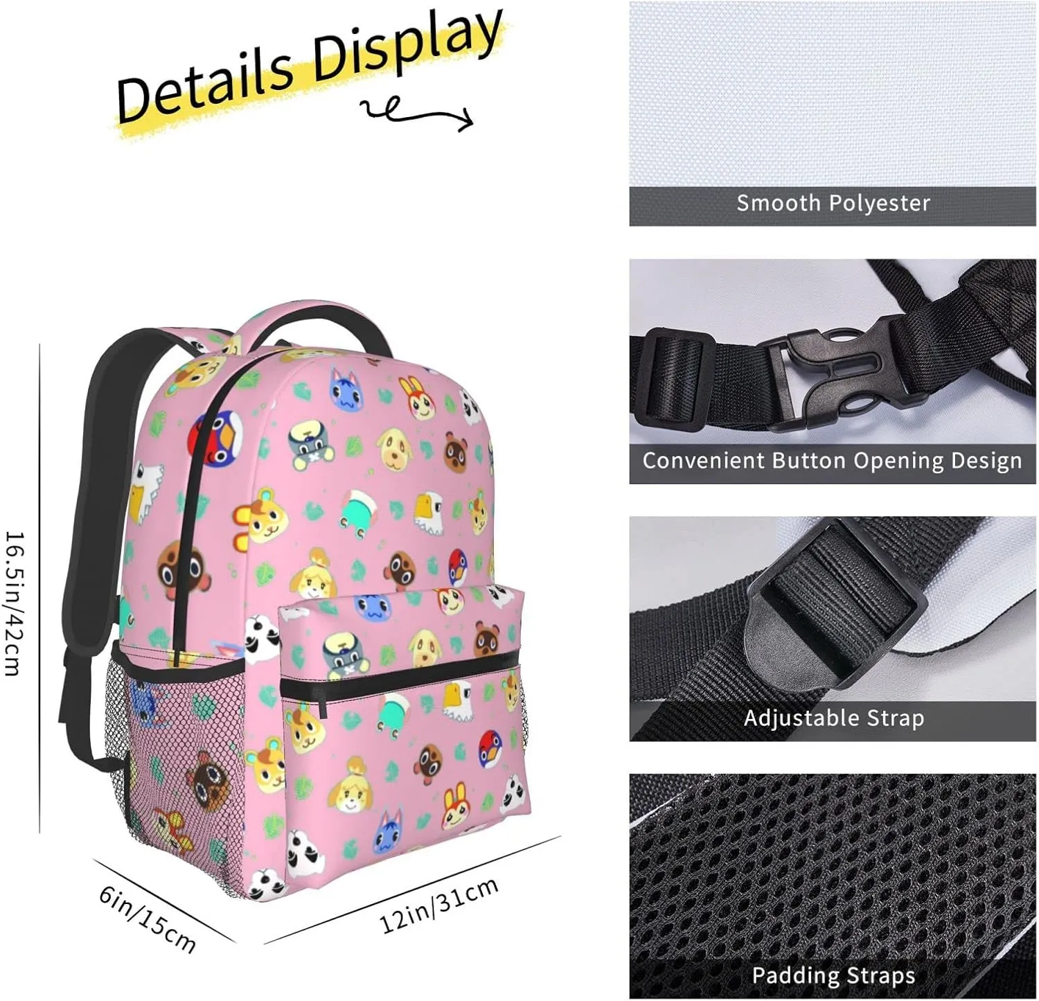Animal Leaf Pattern Laptop Backpack Girls Boys Bookbag Preschool Daypack Cute Fashion Casual Travel Large Bag for With Chest Strap Multi-Pocket One Size Pink