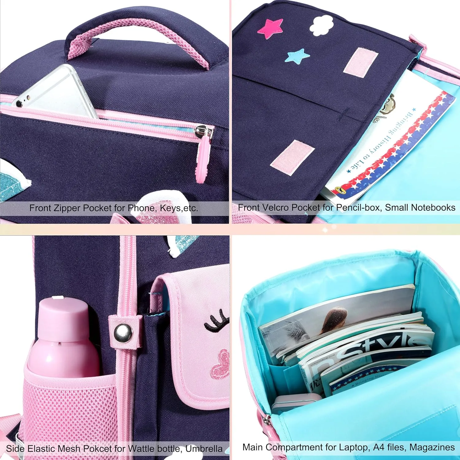 AO ALI VICTORY Unicorn Girls Backpacks for School Princess Bowknot Kids Bookbags Boys Dinosaur Backpack