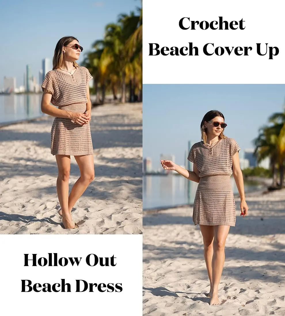AOLRO Women's Swim Coverups Crochet Hollow Out Short Sleeve V Neck Beach Swimsuit Bathing Suit Cover Up Dresses S-XXL