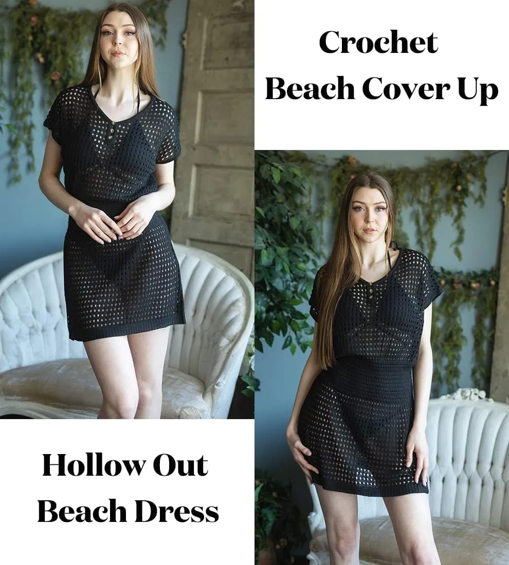 AOLRO Women's Swim Coverups Crochet Hollow Out Short Sleeve V Neck Beach Swimsuit Bathing Suit Cover Up Dresses S-XXL