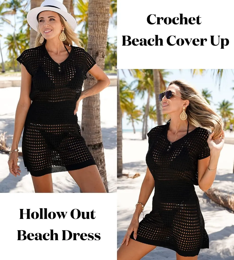 AOLRO Women's Swim Coverups Crochet Hollow Out Short Sleeve V Neck Beach Swimsuit Bathing Suit Cover Up Dresses S-XXL