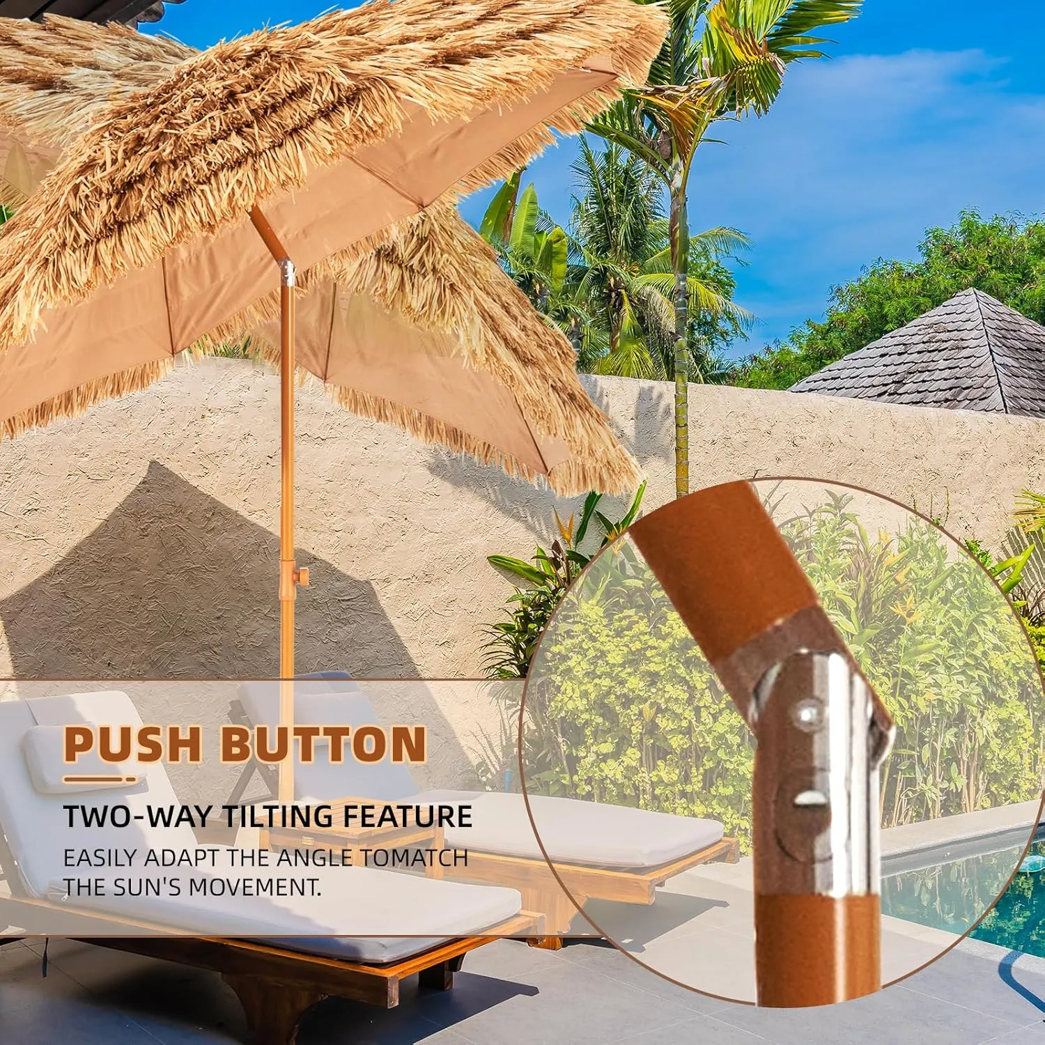 Aoxun 7.5 FT Thatched Tiki Umbrella with Tilt, Patio Beach Umbrella for Outdoor Tiki Bar, Tropical Palapa, Backyard, Poolside, Garden, Hawaiian Style
