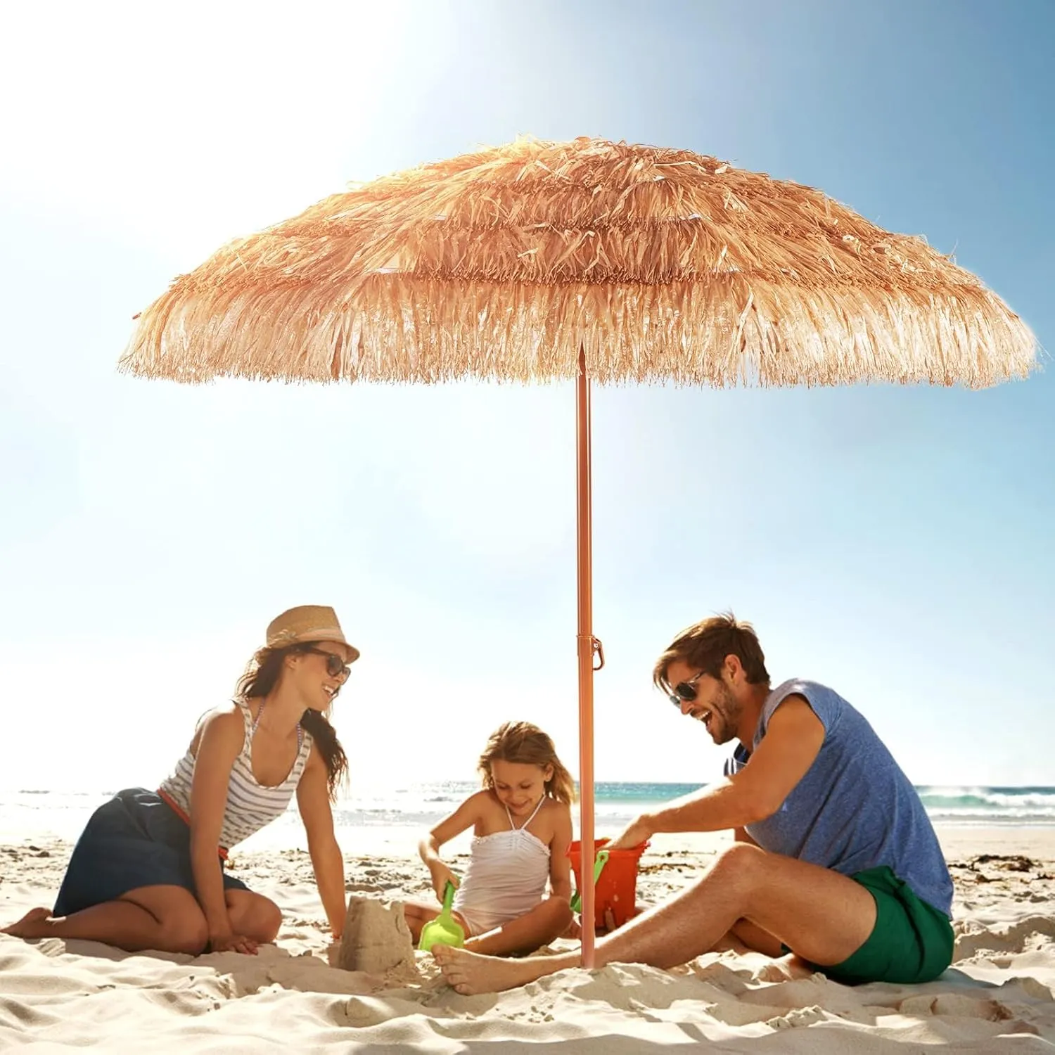 Aoxun 7.5 FT Thatched Tiki Umbrella with Tilt, Patio Beach Umbrella for Outdoor Tiki Bar, Tropical Palapa, Backyard, Poolside, Garden, Hawaiian Style
