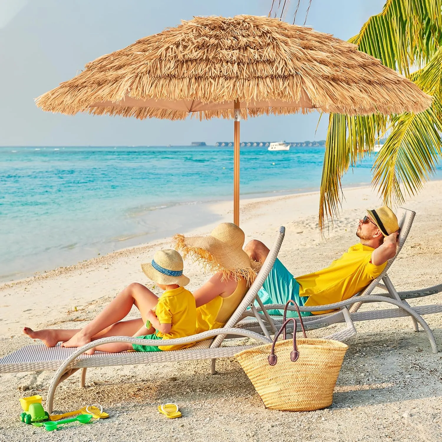 Aoxun 7.5 FT Thatched Tiki Umbrella with Tilt, Patio Beach Umbrella for Outdoor Tiki Bar, Tropical Palapa, Backyard, Poolside, Garden, Hawaiian Style
