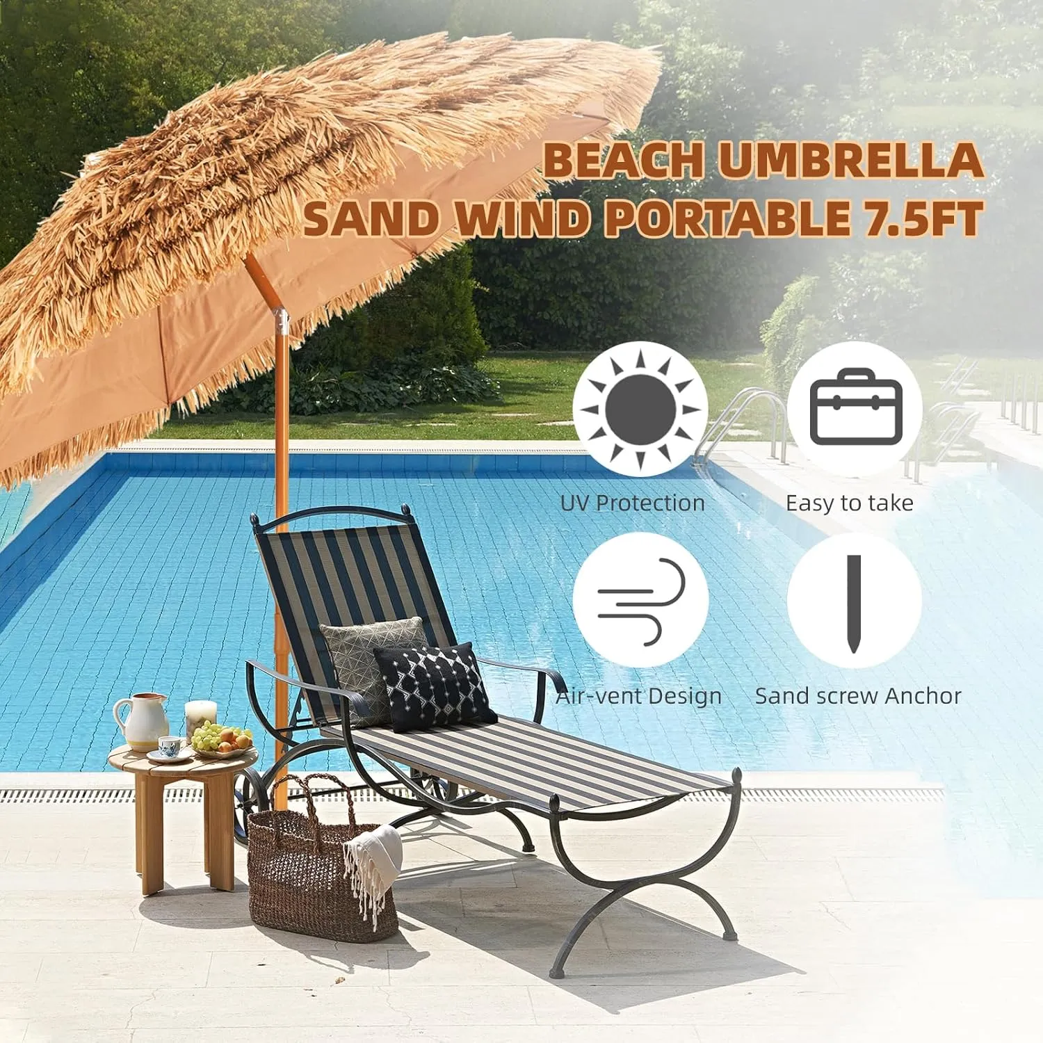 Aoxun 7.5 FT Thatched Tiki Umbrella with Tilt, Patio Beach Umbrella for Outdoor Tiki Bar, Tropical Palapa, Backyard, Poolside, Garden, Hawaiian Style