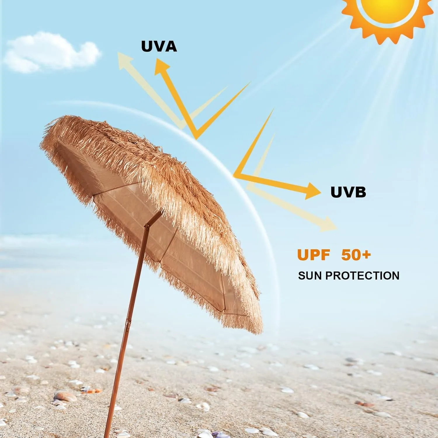 Aoxun 7.5 FT Thatched Tiki Umbrella with Tilt, Patio Beach Umbrella for Outdoor Tiki Bar, Tropical Palapa, Backyard, Poolside, Garden, Hawaiian Style