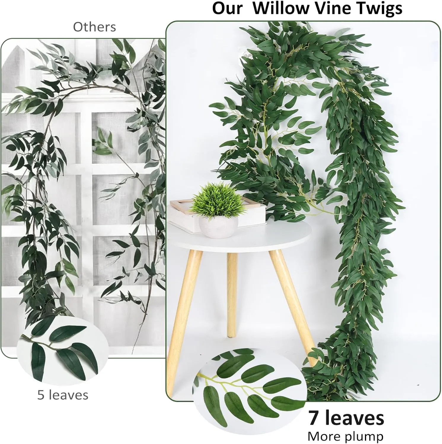 Artificial Willow Leaves Vine Twigs 2Pcs 6Ft Fake Hanging Plant Silk Willows Leaf Ivy Garland Faux Italian Ruscus Greenery Decor for Indoor Outdoor Wedding Arch Jungle Beach Birthday Party Home Garden