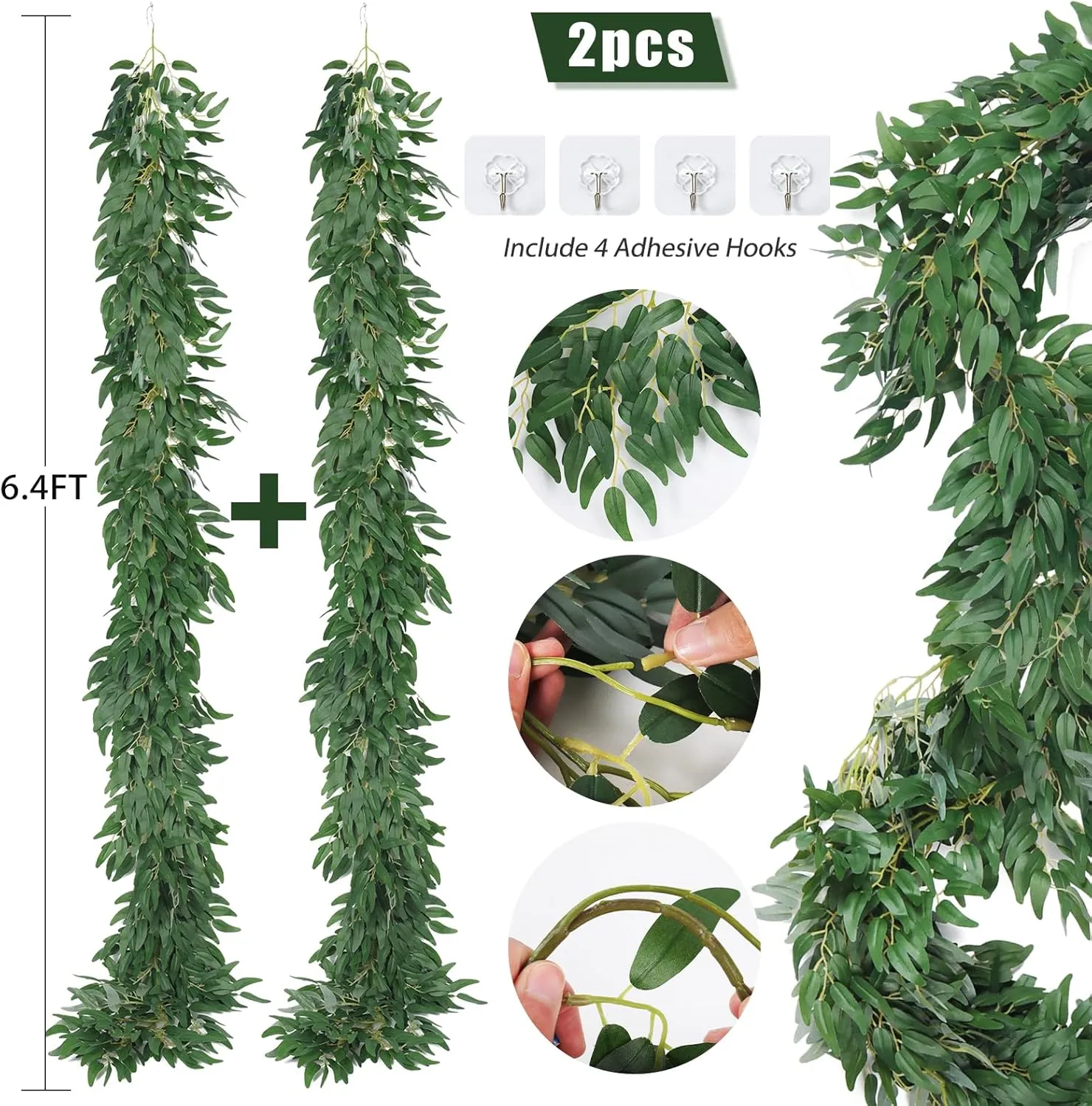 Artificial Willow Leaves Vine Twigs 2Pcs 6Ft Fake Hanging Plant Silk Willows Leaf Ivy Garland Faux Italian Ruscus Greenery Decor for Indoor Outdoor Wedding Arch Jungle Beach Birthday Party Home Garden