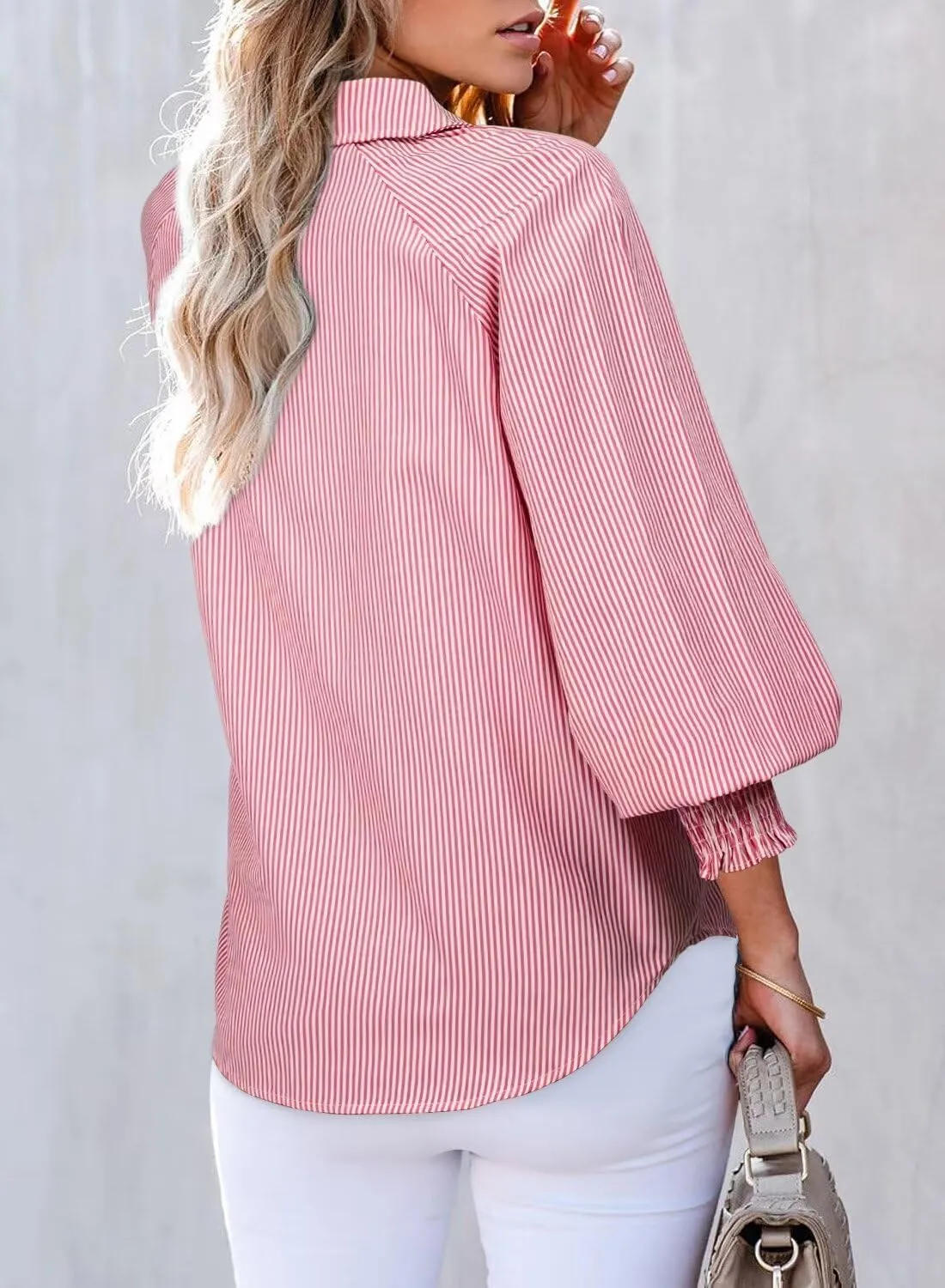 Astylish Women 2025 Fine Striped Smocked Cuffed Henley Shirts Long Sleeve Collared Blouse Tops with Pocket